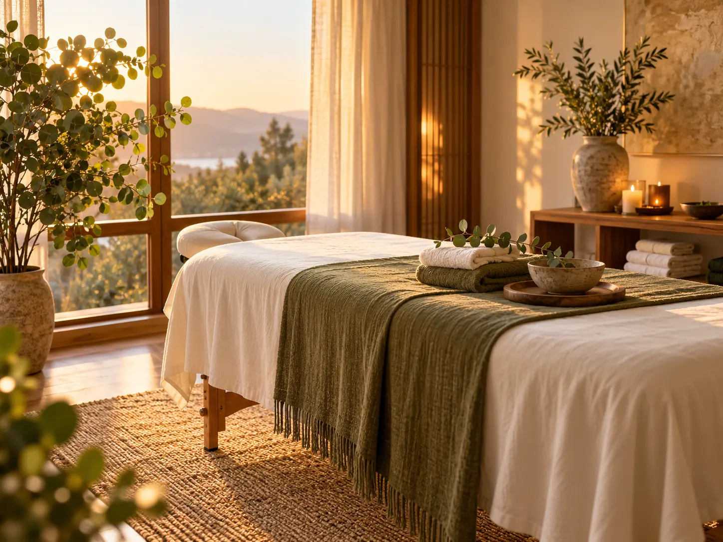 A calm, warmly lit massage studio prepared for a therapeutic bodywork session